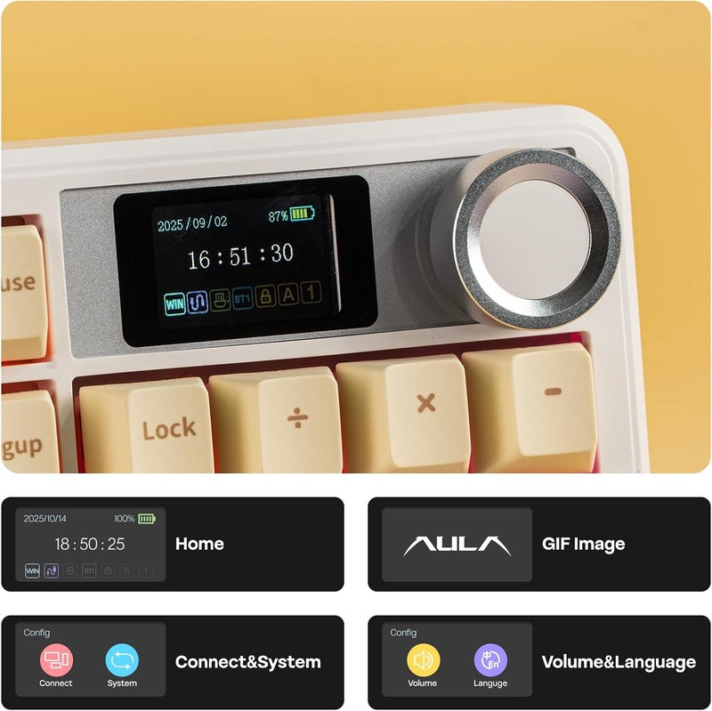 EPOMAKER X Aula F108 PRO Wireless Gaming Keyboard with Screen, 8000mAh Battery, 104 Hot-Swappable and Programmable Keys and Knob, RGB Backlight, for Mac/PC/Android (Grey&Yellow) - Image 4